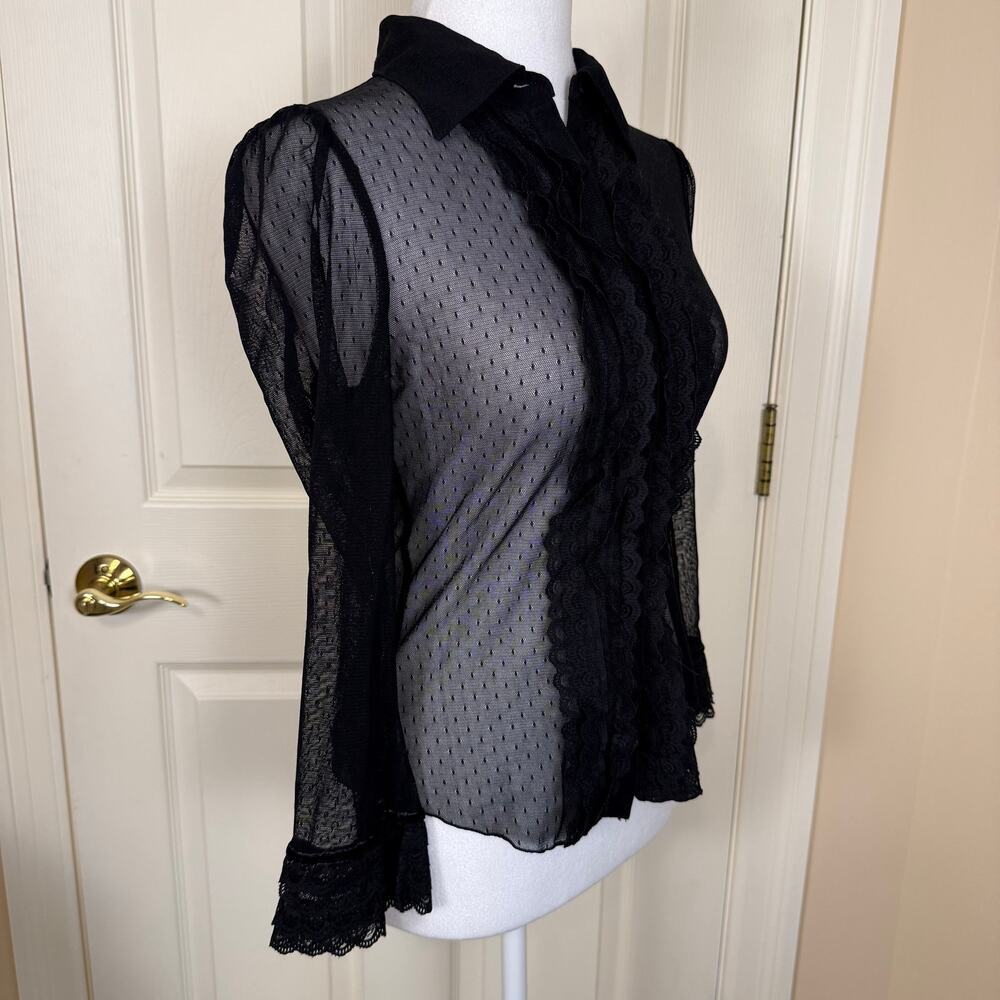 Vintage Y2K Guess Jeans Black Mesh Button Down Top Whimsigoth Goth Medium EUC - Picture 3 of 7